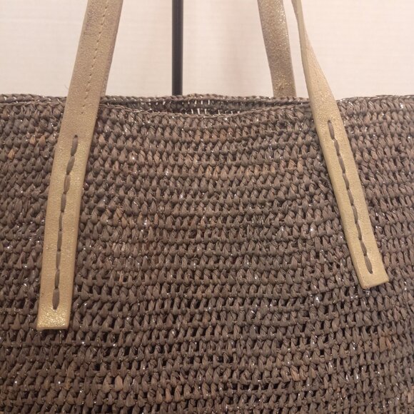 FLORA BELLA for ANTHROPOLOGIE Gray & Silver Woven Raffia Tote Bag - Picture 7 of 15